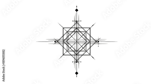 Geometric black and white symmetrical design featuring intersecting lines, squares, and diamond shapes