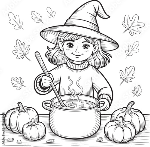 witch girl Adorable brewing potion surrounded by pumpkins and leaves vector illustration line art royalty free stock photos premium quality