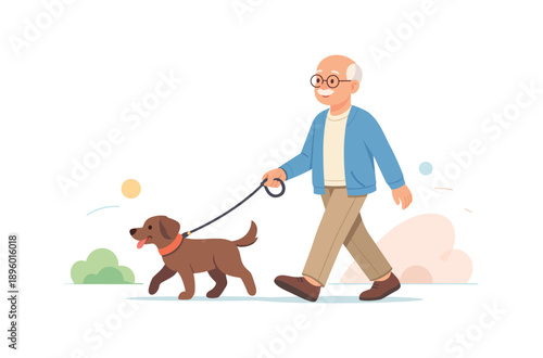 Elderly man walking dog in park, flat vector illustration