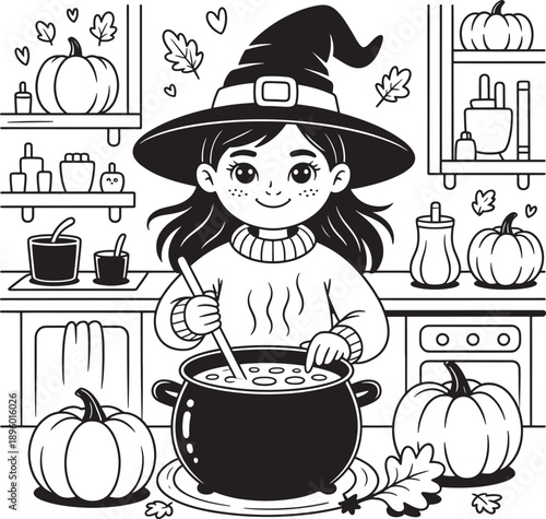 witch girl Adorable brewing potions in cozy kitchen Halloween scene vector illustration line art royalty free stock photos premium quality