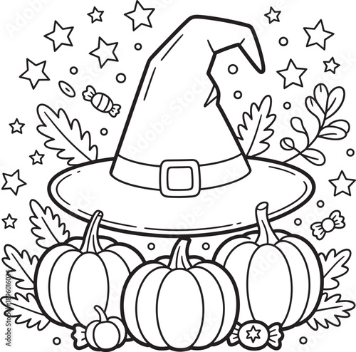 witch hat surrounded by pumpkins and stars for autumn celebration vector illustration line art royalty free stock photos premium quality