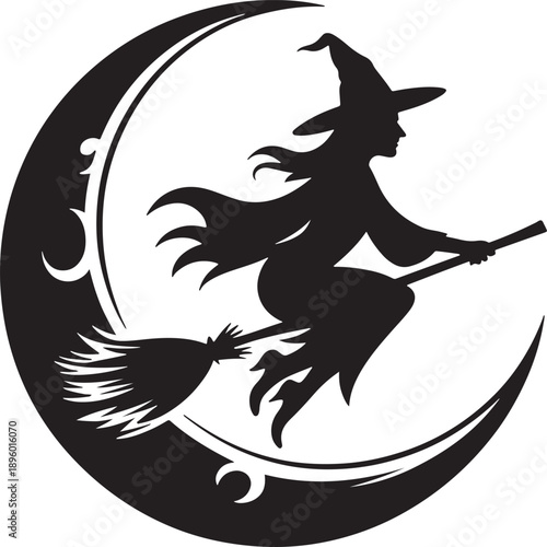 witch flying on a broomstick against a crescent moon with coven branding Mystical