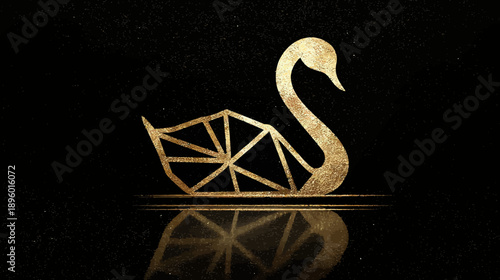 A geometric swan in gold, with a textured surface, reflects in a black, speckled background
