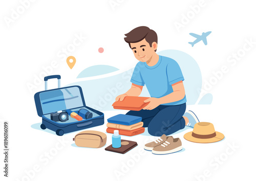 Man packing for vacation with open suitcase, flat vector illustration