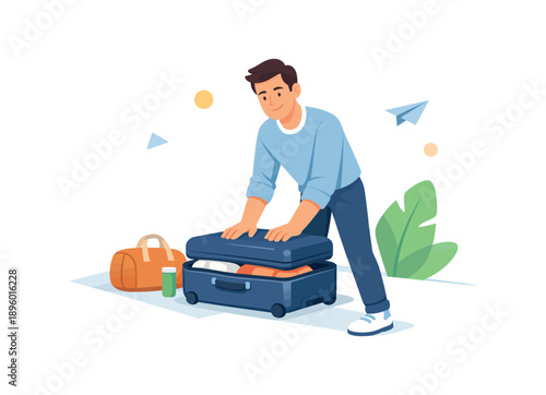 Man packing suitcase for travel journey, flat vector illustration