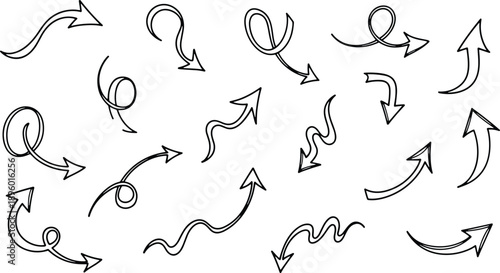 Hand drawn arrow set with curved swirls and wavy directional pointers in cad drawing flat vector illustration style for creative design,