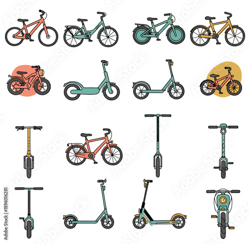 Collection of Hand-Drawn Bikes and Scooters Urban Transport Illustration Set