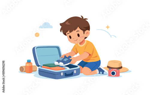 Boy packing a suitcase for summer vacation, flat vector illustration