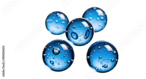 four luminous, sapphire-blue cosmetic serum droplets suspended against a transparent studio background in sharp focus, showcasing micro bubbles and glossy reflections, purity and hydration concept