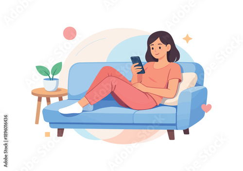 Woman relaxing on sofa with smartphone, flat vector illustration
