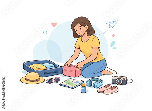 Woman packing suitcase for vacation, flat vector illustration