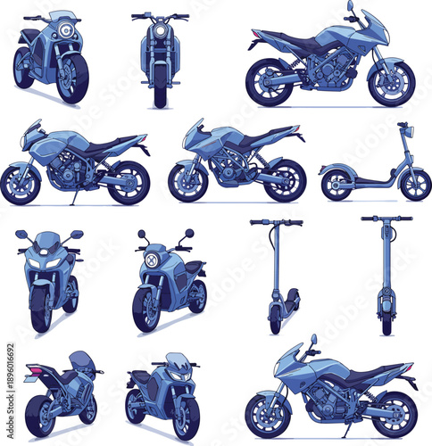 Vector illustration of various motorcycles and scooters from different angles