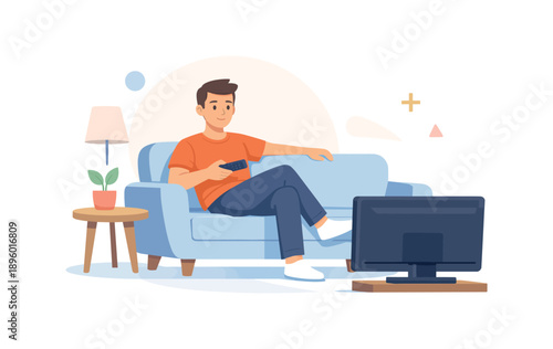 Man on sofa watching tv with remote, flat vector illustration