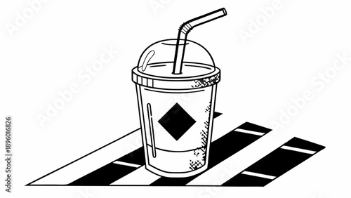 Illustration of a drink in a plastic cup with a straw on a striped surface in black and white style on transparent background silhouette
