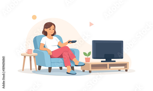 Woman watching tv on couch with remote control, flat vector illustration