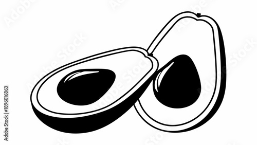 Illustration of two avocado halves with pits in a black and white color scheme design vector on transparent background silhouette