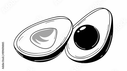 Two avocado halves in black and white with one showing the pit and the other the flesh design on transparent background silhouette