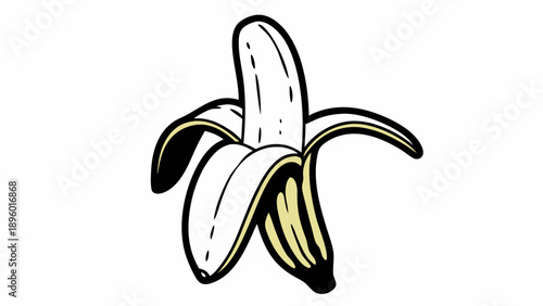 Illustration of a peeled banana with black outlines and yellow accents on a white background artful on transparent background silhouette