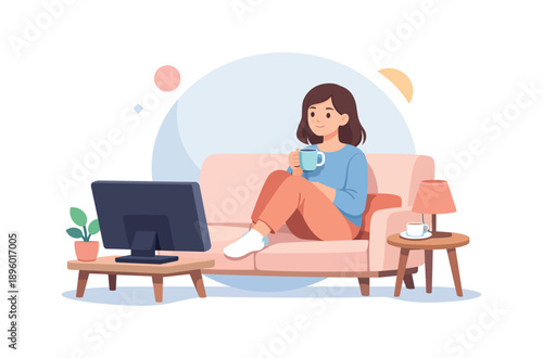 Woman relaxing with coffee on sofa watching tv, flat vector illustration