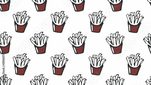 Seamless pattern of french fries in red containers scattered on a white background creating a food design on transparent background silhouette