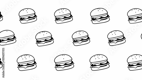 Seamless pattern of outlined burgers on a white background arranged in a repeating and orderly fashion on transparent background silhouette