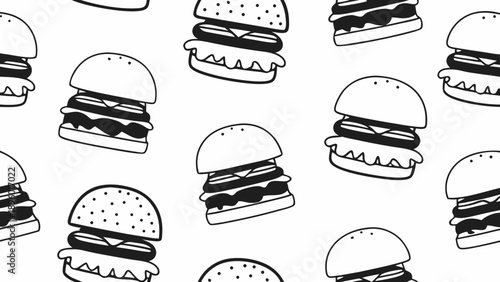 Seamless pattern of sketched burgers with sesame seed buns and visible layers on a white background on transparent background silhouette