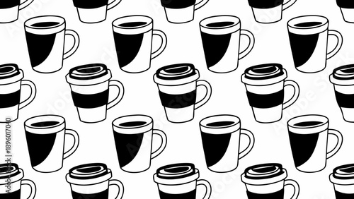 Monochrome pattern featuring coffee mugs and travel cups in a seamless repeating design element style on transparent background silhouette