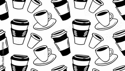 Seamless pattern featuring a variety of coffee cups in different styles on a white background design theme on transparent background silhouette