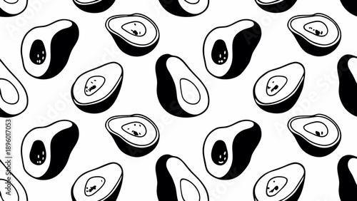 Seamless pattern of black and white avocados with pits on a white background in a repeating design style on transparent background silhouette