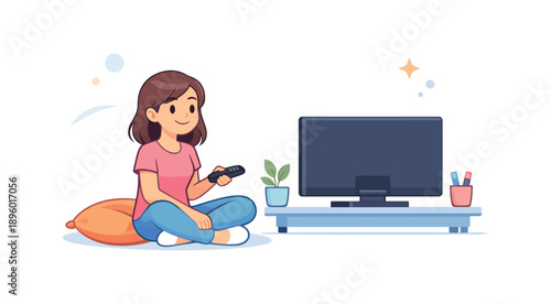 Girl watching tv holding remote sitting on floor, flat vector illustration