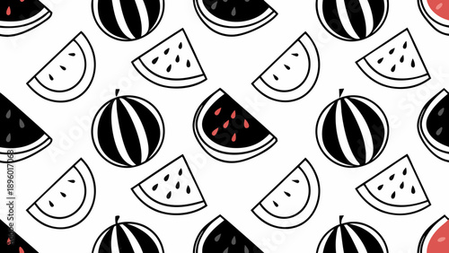 Pattern of watermelons and watermelon slices in black and white with a few red details shown on transparent background silhouette