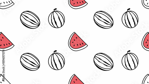A repeating pattern of whole and sliced watermelons on a white background in a simple line drawing style on transparent background silhouette
