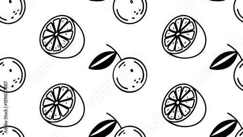 Seamless pattern of oranges whole and sliced with leaves in black and white outline style drawing design on transparent background silhouette