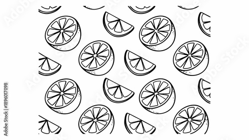 Seamless pattern of sliced citrus fruits in black and white outline drawing style on a white background on transparent background silhouette