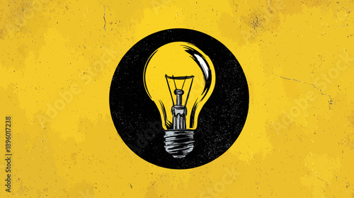 A vintage-style illustration of a glowing lightbulb inside a black circle against a textured yellow background