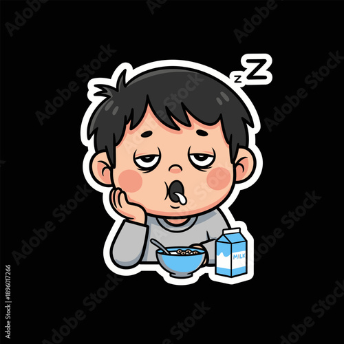 Cute cartoon boy struggling to stay awake while having a bowl of breakfast cereal and milk, depicting morning exhaustion or an early start to the day