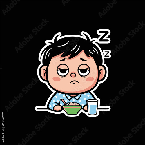 Cute cartoon illustration of a sleepy little boy with messy hair trying to eat his breakfast cereal and milk, showing morning exhaustion and a lack of energy before school