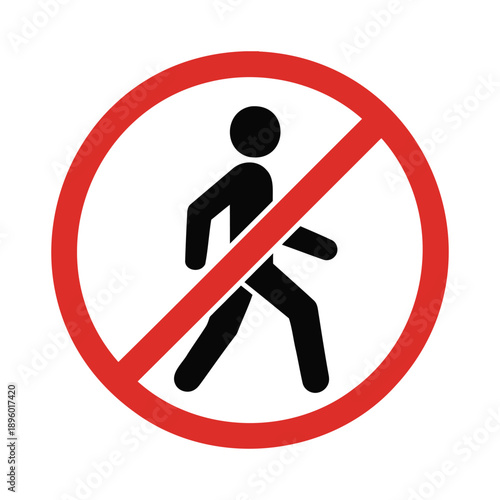 Prohibitory pedestrian sign icon featuring black walking figure silhouette on white space