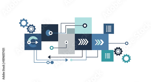 Abstract illustration of a complex workflow or data processing system with interconnected blocks, gears, and directional arrows.