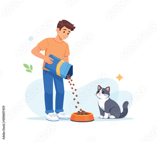 Man feeding cat with kibble from box, flat vector illustration