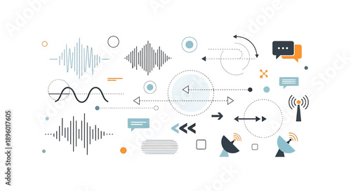 Abstract illustration of communication technology, data flow, and signal transmission with various waveforms and network icons.