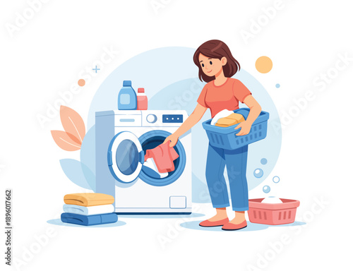 Woman doing laundry with washing machine at home, flat vector illustration