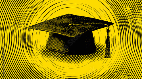 Graduation cap with a tassel in front of a yellow background with swirl lines