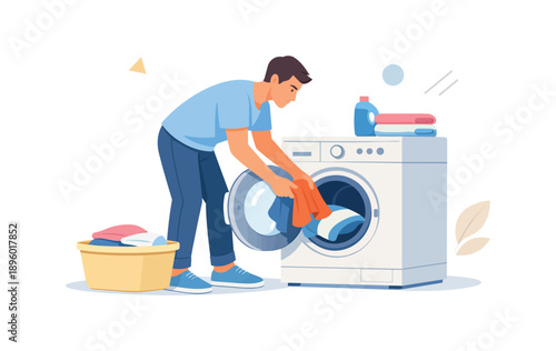 Man doing laundry with washing machine, flat vector illustration