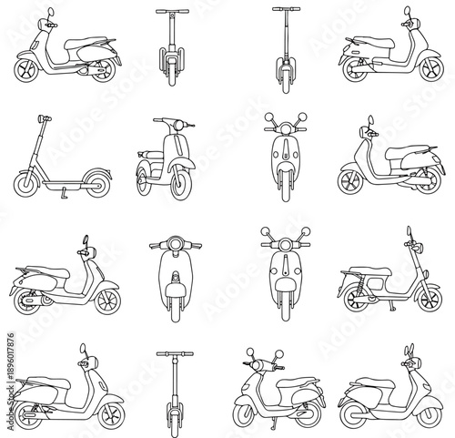 Scooter and Electric Scooter Line Art Vector Illustrations Set