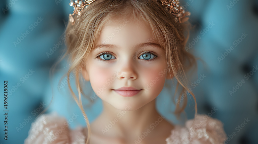 Fototapeta premium Young girl with blue eyes and crown poses in a studio setting with a light background during daylight hours