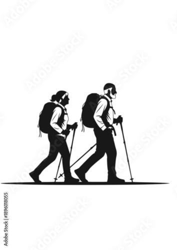 Active Seniors Silhouette Elderly Couple Hiking with Poles Healthy Aging and Retirement Vector