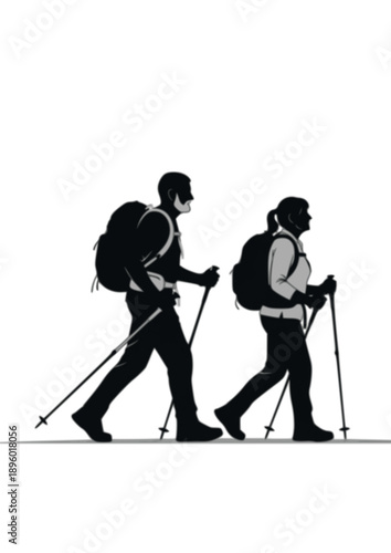 Active Seniors Silhouette Elderly Couple Hiking with Poles Healthy Aging and Retirement Vector