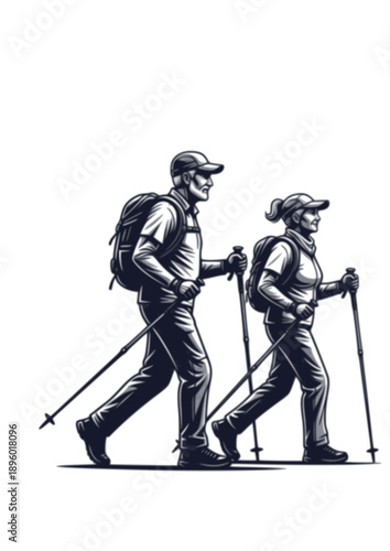 Active Seniors Silhouette Elderly Couple Hiking with Poles Healthy Aging and Retirement Vector