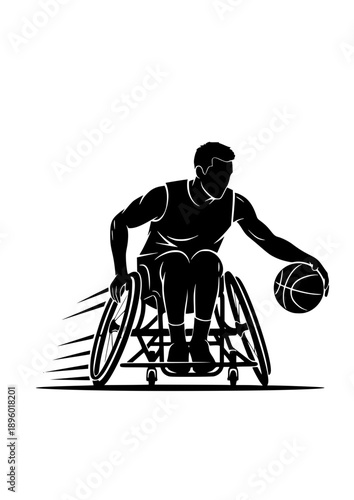 Wheelchair Basketball Silhouette Athlete Player Dribbling Ball Paralympic Sport Competition Vector